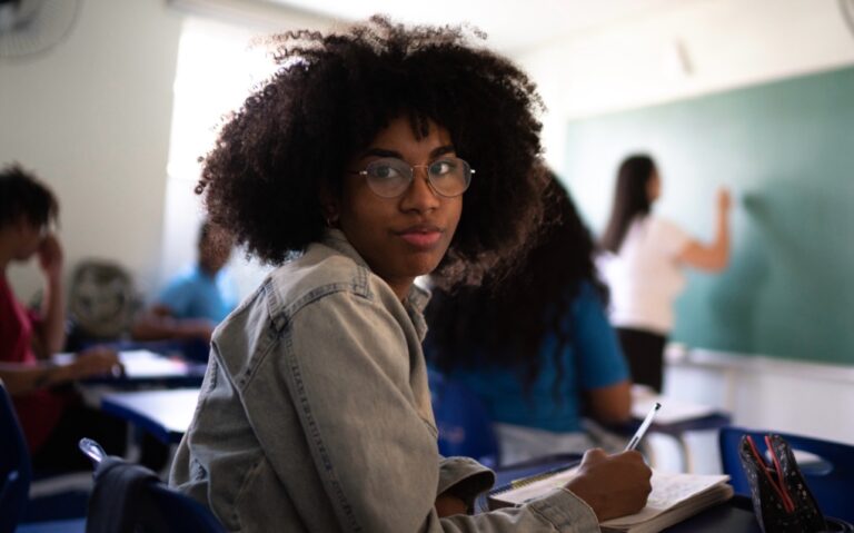Black female student in the classroom, Public School, Classroom